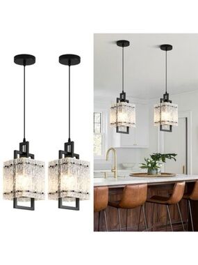 Modern Black Pendant Light with Textured Glass Shade (Pair)